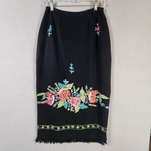 Boston Proper Embroidered Floral Fringe Skirt Size 6 Black Wool Blend